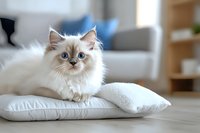 Ragdoll cat with blue eyes lying on white cushion in bright living room interior. Long-haired cream point kitten relaxing at home, soft focus background.