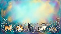 Cats resting among decorative floral elements and celestial symbols in soft watercolor style with dreamy atmosphere, suitable for children's book illustrations and nursery decor.