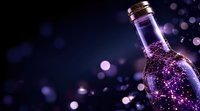 Glowing purple bottle with magical sparkles and bokeh lights against dark background, creating mystical atmosphere for beverage and fantasy concepts.