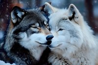 Two wolves nuzzling affectionately in winter snow, one with dark gray fur and one white, showing tender moment against blurred forest background.