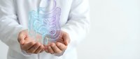Healthcare professional presenting holographic digestive system model for medical education and gastroenterology consultation services.