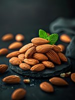 Fresh raw almonds stacked on black slate board with mint leaves, dramatic lighting and dark moody background, macro food photography for healthy eating concept.