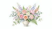 Watercolor floral bouquet with pink roses and purple flowers in vintage vase isolated on white background for wedding invitations and greeting cards.