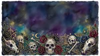 Ornate skulls and roses border with dark moody watercolor galaxy background, featuring decorative flourishes and crescent moon elements for gothic, Halloween, or alternative design projects.