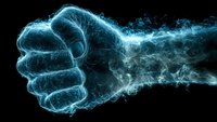 Glowing blue smoke forming powerful fist shape on black background, dynamic energy effect with particles dispersing into darkness. Suitable for power concepts.