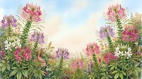 Watercolor garden scene with pink, purple, and white cleome flowers framing a soft sky, creating a dreamy floral border for cards or prints.