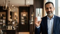 Mature man with dark hair and beard wearing navy blazer and white shirt holding fragrance bottle in luxury retail environment with warm lighting and shelving.