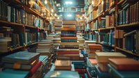 Stack of vintage books in old library with wooden bookshelves in background, creating atmospheric academic environment for education and research.