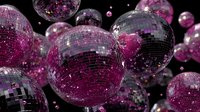 Pink and silver disco balls floating in space with sparkling reflective surfaces creating glamorous party atmosphere for nightclub events.
