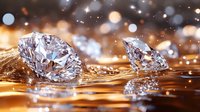 Sparkling diamonds resting on flowing liquid gold with bokeh lights and particles, creating a luxurious, elegant composition suitable for jewelry, luxury goods, and premium brand marketing.
