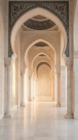 Elegant Islamic architecture corridor with ornate arches, detailed geometric patterns, marble columns and warm lighting creating perspective depth in traditional style.