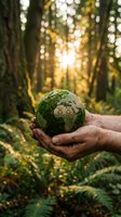 Hands holding moss-covered globe with recycling symbols in sunlit forest representing environmental conservation and sustainable living practices.