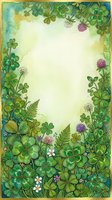Watercolor floral frame with shamrocks, clover flowers, and ferns forming a lush green border around a soft cream center for text or design.