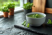 Fresh green spinach soup garnished with herbs in white ceramic bowl on dark stone surface, natural window light, potted herbs in background.