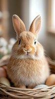 Adorable ginger bunny with upright ears sitting in wicker basket with Easter eggs, looking directly at camera with soft blurred background.