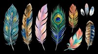 Colorful feather collection isolated on transparent background, ready for t-shirt design, clipart, stickers, sublimation, print-on-demand products and digital crafts.