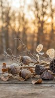 Autumn natural arrangement with walnuts, dried lotus pods, branches and fallen leaves on wooden surface with warm golden bokeh background for seasonal decor.