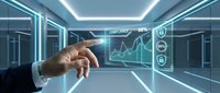 Businessman hand touching futuristic holographic interface with financial data charts and analytics in modern digital corridor environment for business technology.