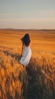 Woman with long dark hair wearing white dress standing in golden wheat field at sunset, rear view, outdoor lifestyle portrait.