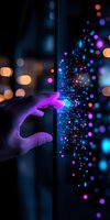 Finger touching digital interface with glowing particles emerging from screen, creating magical light effect in dark room with bokeh background. Futuristic technology concept.