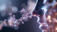 Microscopic view of molecular structure with glowing particles and bokeh effect in pink and blue tones against dark background, showing scientific research concept.