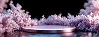 Elegant rose gold podium surrounded by delicate pink cherry blossoms on black background for luxury product display and cosmetic presentation.
