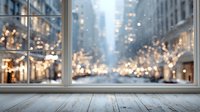 Cozy wooden windowsill overlooking blurred urban cityscape with festive holiday lights and illuminated buildings creating magical winter atmosphere.