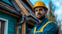 Construction worker in yellow hard hat and blue uniform standing confidently at residential building site with wooden frame structure in background.