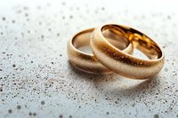 Gold wedding rings with textured surface and glitter effect on light background, romantic symbol of marriage and eternal love. Suitable for wedding invitations.