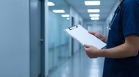 Healthcare professional reviewing medical documents in modern hospital corridor with clipboard for patient care and administrative tasks.
