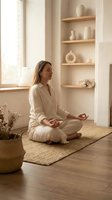 Young Caucasian woman practicing meditation in serene home interior with natural light and minimalist decor for wellness and mindfulness lifestyle.