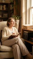 Senior woman writing in journal while relaxing in comfortable armchair by sunny window at home with books and plants in cozy living room interior.