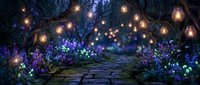 Enchanted garden pathway with glowing string lights and magical purple flowers creating mystical nighttime atmosphere for fantasy storytelling.