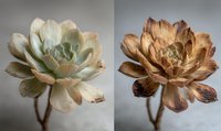 Comparison of fresh and dried succulent flower showing natural aging process and botanical transformation against neutral background.
