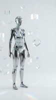 Futuristic chrome female android robot with metallic silver body standing among floating geometric shapes on light background for sci-fi designs.
