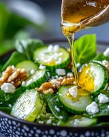 Fresh cucumber salad with walnuts and feta cheese being drizzled with golden olive oil, healthy Mediterranean diet meal for summer dining and nutrition.