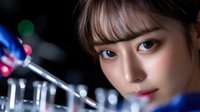Young Asian woman with bangs and natural makeup gazing at camera with soft bokeh lights in background, creating dreamy nighttime atmosphere for beauty and fashion content.