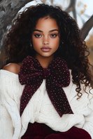 Young African American woman with natural curly hair wearing white knit sweater and burgundy polka dot bow, looking directly at camera with freckled complexion and full lips.