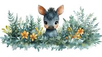 Cute baby deer fawn peeking through watercolor foliage with orange flowers and eucalyptus leaves, nursery art style illustration on white background.
