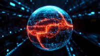 Glowing sphere with digital network patterns in blue and orange colors against dark background, representing global technology and data connections. Future concept.