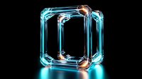 Glowing turquoise glass cube frame with metallic copper joints on black background, floating with reflection. Modern minimalist design element for technology concepts.