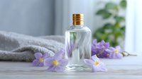 Clear glass bottle with gold cap surrounded by delicate purple flowers on light surface, creating serene spa or aromatherapy composition.