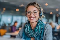 Young Caucasian woman with glasses and headset smiling in modern office environment, wearing teal patterned scarf and gray top.