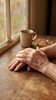 Elderly hands resting on wooden table by window with coffee mug creating peaceful morning moment for healthcare and aging concepts.