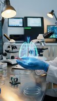 Medical researcher in blue gloves holding holographic lung projection in modern laboratory with microscopes and monitors for healthcare technology research.