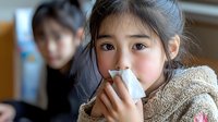 Young Asian girl wiping her nose with a tissue, looking unwell, with a blurred woman in the background indoors.