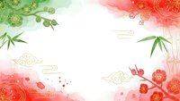 Traditional Asian watercolor background with bamboo leaves, plum blossoms, and decorative clouds in red and green tones for festive design projects.
