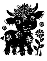 Cute baby cow silhouette with flowers and decorative elements on isolated white background. Black monochrome design for children decor and craft projects.