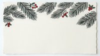 Evergreen pine branches with red berries arranged on cream background, isolated design element for holiday cards, invitations, and seasonal marketing materials.