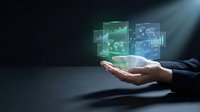 Business professional hand presenting holographic financial data charts and graphs with glowing digital analytics interface for corporate presentations.